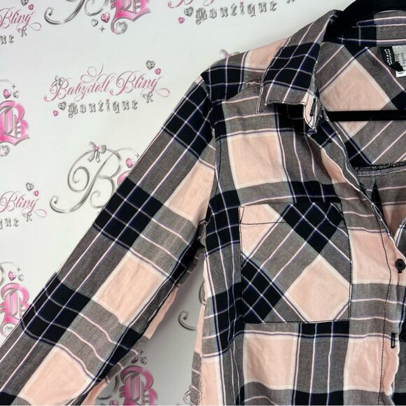Divided pink blue purple black Plaid Button-Up Shirt in Pink and Black - Picture 6 of 12